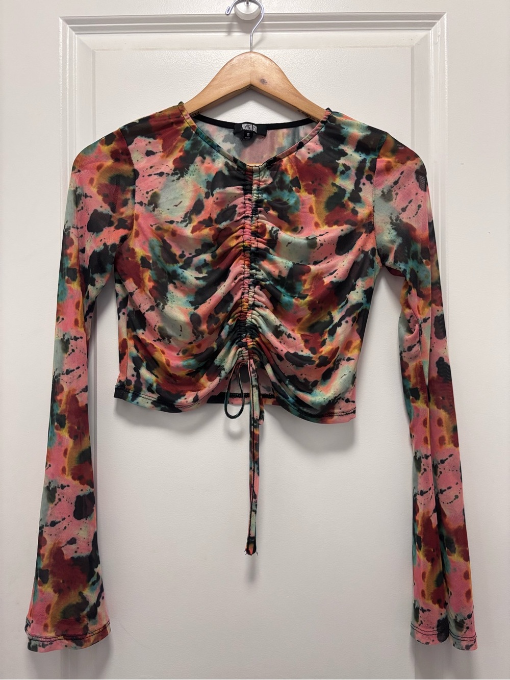 POSTER GIRL Multicolor Ruched Tie-Front Long Sleeve Crop Top